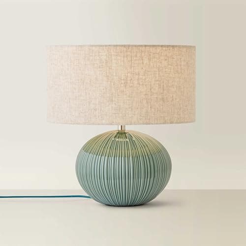 Image of ValueLights | Rebecca Green Ribbed Ceramic Table Lamp with Linen Drum Lamp Shade | Table Lamp, Home Décor & Improvement Essential