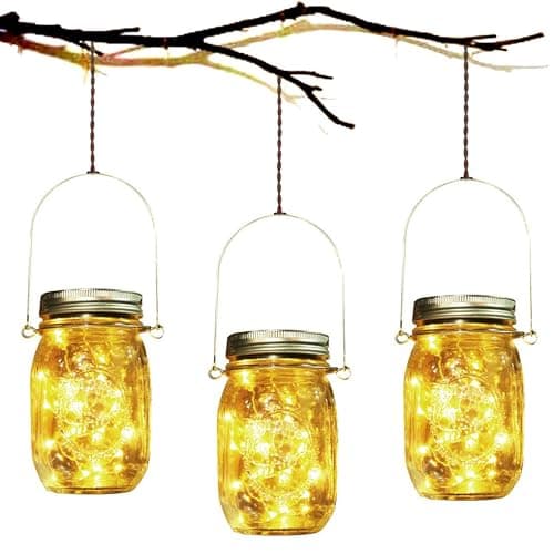 Image of 3 Pack Solar Mason Jar Lights,30 LED Water-Proof Outdoor Solar Lanterns,Garden Lights,Hanging Lights for Outside,Wedding, Party, Bar, Garden,Christmas,Table,Tree,etc. (Warm)…