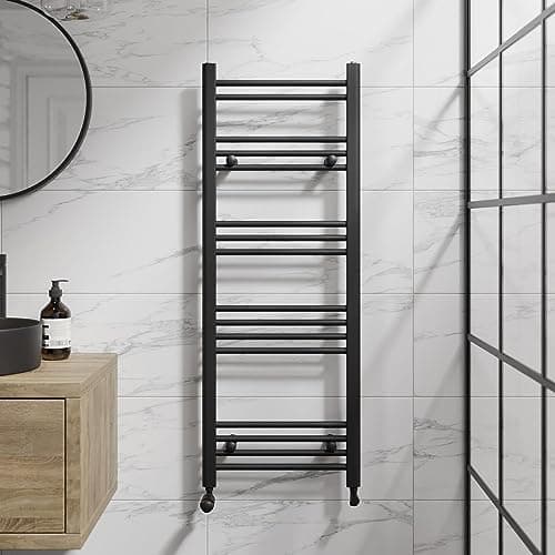 Image of DuraTherm® 1200 x 450mm Flat Straight Heated Towel Rail Radiator Modern Central Heating Bathroom Warmer Wall Mounted Ladder Rad, Matt Black