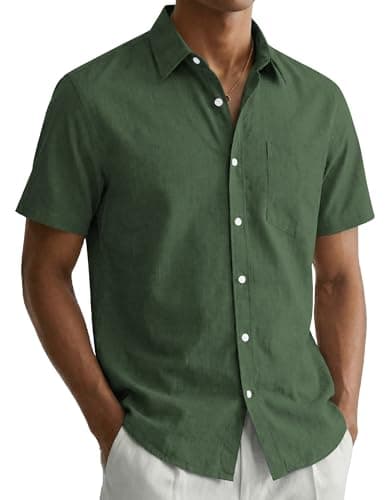 Image of COOFANDY Shirts for Men Short Sleeve Shirt Summer Casual Shirts Regular Fit Holiday Shirt with Pocket Army Green L