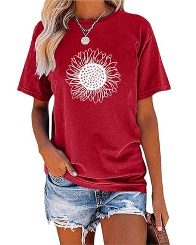 Image of Cicy Bell Women's Sunflower T-Shirts Vintage Short Sleeve Shirt Casual Crew Neck Summer Tees Cute Graphic Tops, red, XL