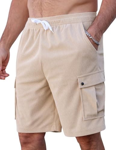 Image of iCKER Mens Shorts Summer Casual Shorts with Pockets Elastic Waist Drawstring Sports Jogging Shorts Corduroy Shorts,Khaki DXR002,M