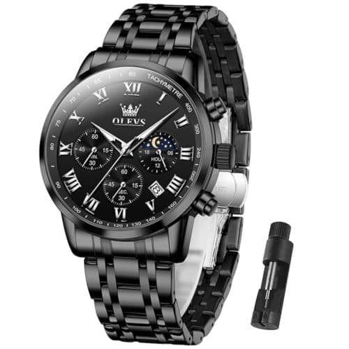 Image of OLEVS Men Multifunction Watch, Multi Dial Waterproof Luminous Chronograph Men's Watch with Date Gift for Men,Stainless Steel Watches for Men,Classic Men Wrist Watch, Black Band Black Face-5529G, ROUND