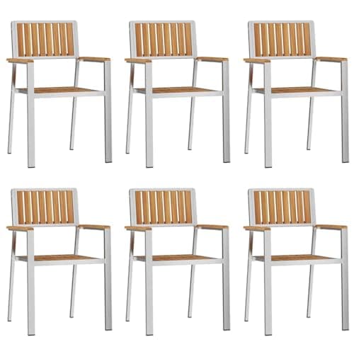 Image of KNERPWD Modern Garden Chair 6 Pcs Brown 56 x 54.5 x 87 cm Solid Teak Wood with Stainless Steel Frame for Patio Terrace Outdoor Use