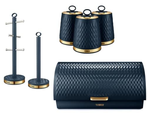Image of Tower Empire Kitchen Storage Set. Bread Bin, Set of 3 Tea, Coffee, Sugar Canisters, Mug Tree & Towel Pole in Midnight Blue. Contemporary Art Deco Design Set of 6 Kitchen Items