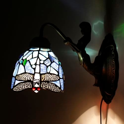 Image of SYETL Tiffany Mermaid Wall Lamp Insert Colored Glass Bedside lamp 6X12X11 inches, Suitable for Living Room, Bedroom and Corridor (Blue Dragonfly Style)