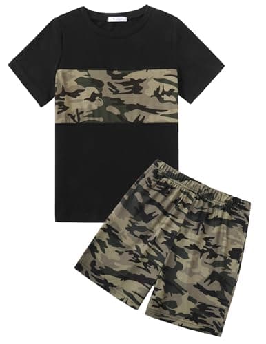 Image of Arshiner Boy's T-shirt and Shorts Set Summer Short Casual Outfits Colour Block Fashion Clothing Sets for Boys 11-12 Years