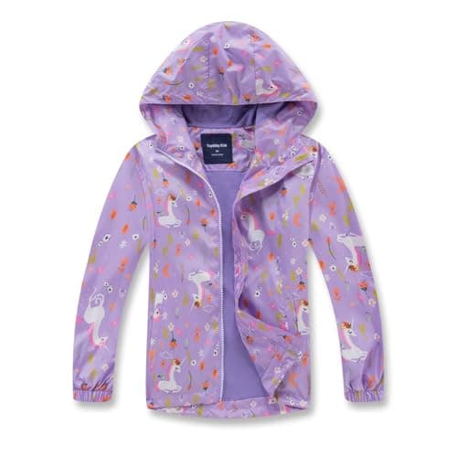Image of BuyiRen Girls Waterproof Jacket Rain Jackets Hooded Raincoat Lightweight Cotton Lined Rain Coats for Kids, Purple Unicorns, 7-8 Years