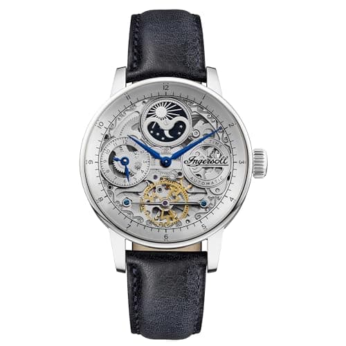 Image of Ingersoll The Jazz Mens 42mm Automatic Moonphase Watch with Silver Skeleton Dial and Blue Genuine Leather Strap I07702
