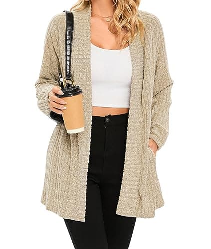 Image of iChunhua Soft Warm Open Front Lightweight Long Cardigans with Pockets for Women UK Size 16 Khaki Large