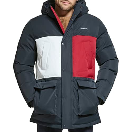 Image of Tommy Hilfiger Men's Arctic Cloth Heavyweight Performance Parka Down Alternative Fur Lined Hood Outerwear Coat, Navy Flag Colorblock, L
