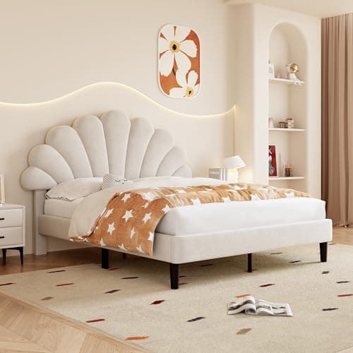 Image of Merax Double bed frame, 4ft6 Double Upholstered Bed, Adjustable Chic Petal Headboard, Sturdy Wooden Slat Support, Velvet Fabric (No Mattress), Beige+Velvet/135CM*190CM