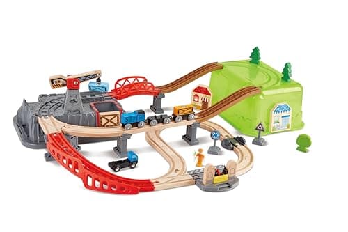 Image of Sustainable Wood Toy Train, Hape Railway Bucket 50-piece Builder Set With Railway Tracks, 1 Railwayman, 1 Signal Box, 1 Truck, 1 Crane. 3 years +