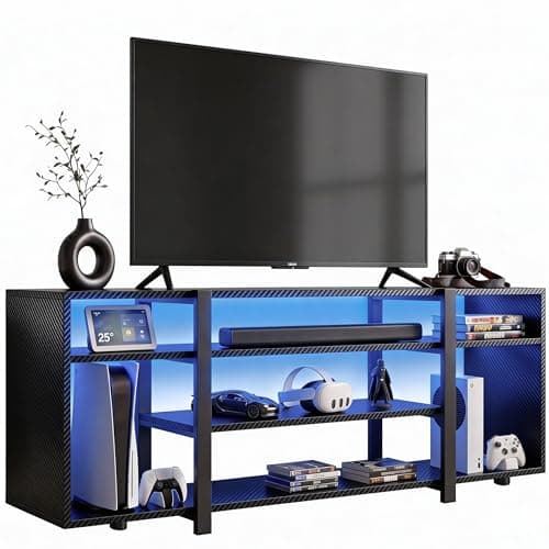 Image of Blisswood 140cm LED TV Stand for 55–65 Inch TVs, Gaming TV Unit with RGB Lights, 7 Open Storage Shelves, Carbon Fiber Black Media Console Cabinet, Industrial Metal Frame for Living Room & Gaming Setup