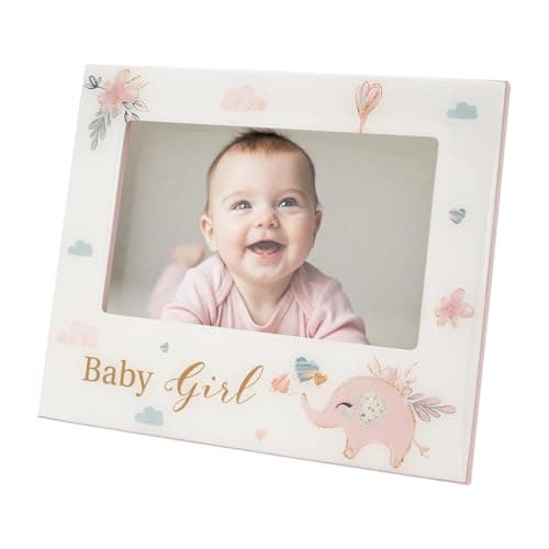 Image of Happy Homewares Baby Girl Baby Picture Frame with Soft Pastel Pink Elephant and Hearts | 6x4 Picture Insert | For Table or Wall Hanging