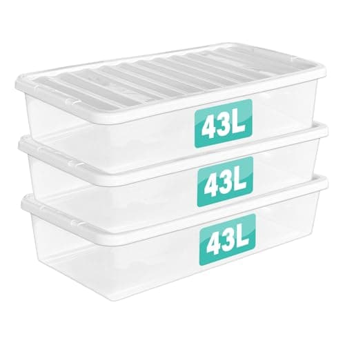Image of 3 x 43 Litre Underbed Clear Plastic Storage Boxes With Lids Set of 3, Transparent Multipurpose Nestable Stackable Plastic Box With Lid Containers For Home, Kitchen, Garage, Office, Accessories
