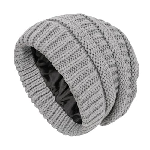 Image of SGQTZDZQ Satin Lined Beanie Hats for Women, Warm Slouchy Ladies Winter Hats, Classic Fashionable Wooly Cable Knit Skull Cap (UK, Alpha, One Size, Blue-Gray)