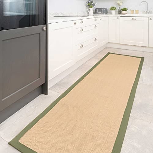 Image of Sustainable Olive Green Cotton Border Herringbone Natural Jute Area Runner Rug Non Slip Durable Flatweave Mat Sisal Living Room Entrance Kitchen Hallway Carpet Rugs 70cm x 240cm