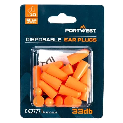 Image of Portwest EP14 PU Foam Disposable Ear Plugs 10 Pairs Hearing Protection Soft Tapered Design High Attenuation 33dB SNR Comfortable Fit for Long Use CE Certified EN 352-2, Orange, One Size