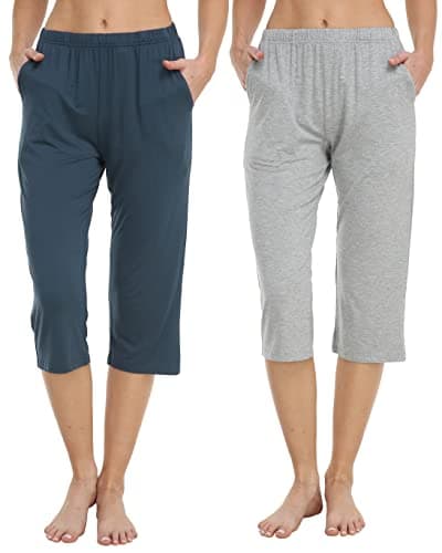 Image of JINSHI Women's Cropped Pyjama Bottoms 2 Pack Nightwear Soft Modal Lounge Pants Capri Trousers Sleepwear with Pockets (Lake blue,grey) Size XL
