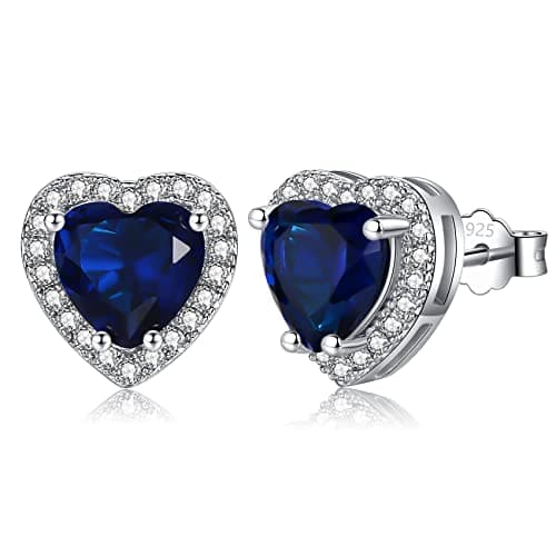 Image of Silver Earrings for Women - Sterling Silver Earrings Diamond Stud Earrings, Heart Cubic Zirconia Earrings | Dainty Bridal Diamante Halo Earrings Jewelry for Brides Bridesmaids Wedding, Sapphire Blue