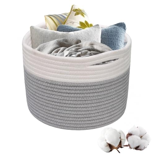 Image of Bailtouk Woven Rope Storage Basket, Toy Storage Basket with Handle, Baby Laundry Basket Small Blanket Basket Gift Basket for Living Room, Bedroom, Office, 21×21cm (Grey and White)
