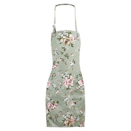 Image of EUPSIIU Floral Aprons for Women Kitchen Aprons for Women, Adjustable Cooking Apron, Chefs Apron, Cooking Apron with Big Pockets, Vintage Flower Apron for Cooking, Gardening, Housework (Green)