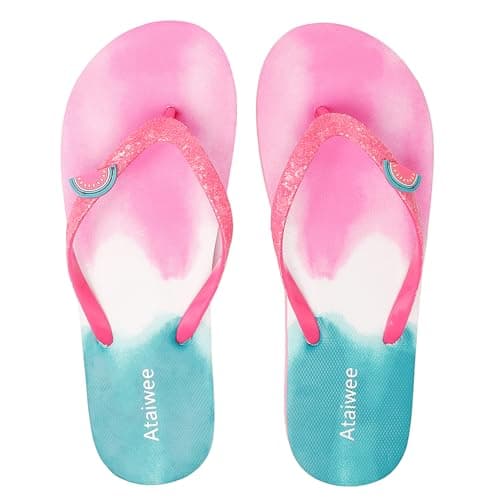 Image of Ataiwee Girl's Flip Flops, Comfortable Pool Beach Print Cute Flip Flops For Little Kids/Big Kids.(2002001,RD/XG,13)