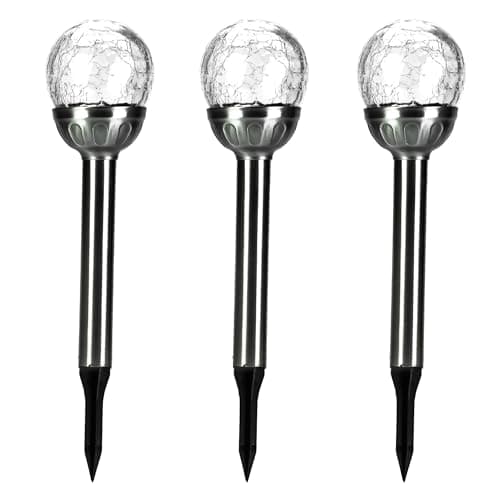 Image of Status Sydney Outdoor Garden Solar Light / 3 Pack of 8 cm White Light LED Stainless Steel Stakes/Crackle Glass Ball/Waterproof Garden Ornament/Rechargeable Battery Included [Energy Class E]