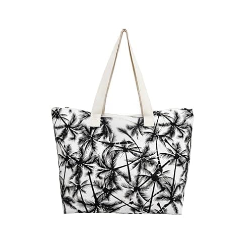 Image of 1PCS foldable shopping tote bag, reusable large shoulder zippered tote bag, suitable for women's casual travel and supermarket shopping, canvas waterproof shoulder bag, easy to carry (Black and white)