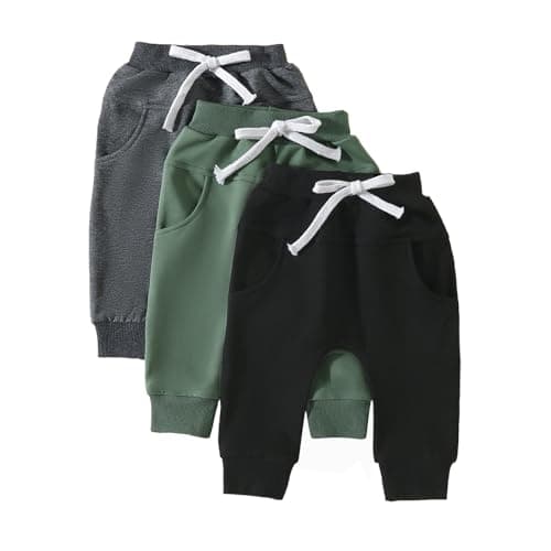 Image of Toddler Infant Baby Boy Elastic Waist Sweatpants 3 Piece Solid Color Long Pants Winter Warm Long Trousers Kids Casual Jogger Bottoms Tracksuit Outfits for Little Boy (Dark Gray, 12-18 Months)