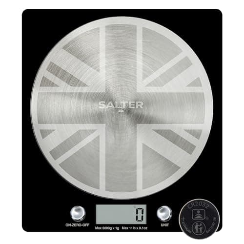 Image of Salter 1036 UJBKDR Electronic Kitchen Scale - Digital Weigh Scale, Union Jack Design Spun Stainless Steel Disc Platform, LCD Display, 5kg Capacity, Battery Included, Add & Weigh/Tare, Measure Liquids
