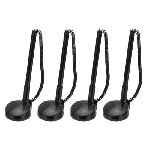 Image of PATIKIL 4 Pcs Secure Pen With Adhesive Chain and Holder, Reception Counter Desktop Black Ink Refills for Desk Workplace Office Home Supplies, Round Base, Pure Black