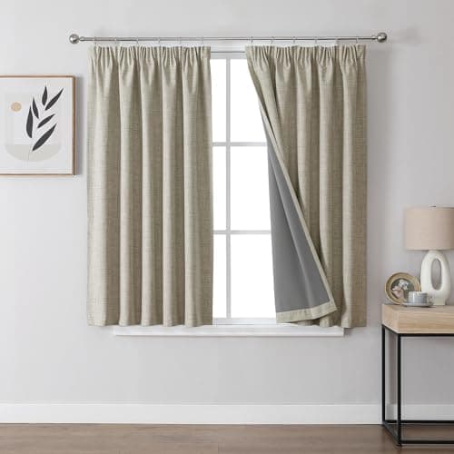 Image of Joydeco 100% Blackout Curtains Bedroom 46 x 54 Inch Drop, Faux Linen Pencil Pleat Thermal Insulated Drapes with Coating Back Layers for Room Darkening Privacy Protection, 2 Panels, Linen Colour