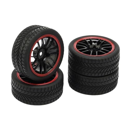 Image of Pxyelec 4 Pack Black RC 1:10 On-Road Racing Car Tires and Rims with 14 Spoke Plastic Hubs and V Tires