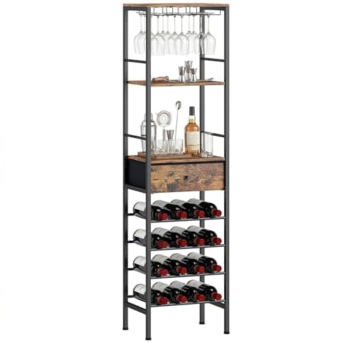 Image of HOMCOM Industrial Wine Bar Cabinet with 16-Bottle Wine Rack and Glass Holder, Freestanding Liquor Cabinet Bar Stand for Home, Living Room with 2 Shelves, Drawer, Rustic Brown