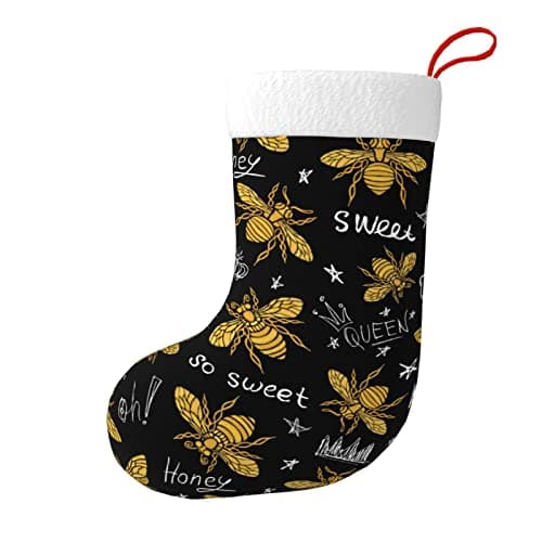 Image of Hohey Bee Golden Embroidery Christmas Stockings with Plush Cuff Fireplace Hanging Stockings for Family Xmas Decoration Holiday Season Party