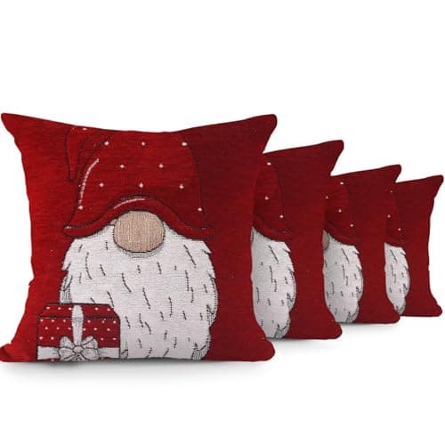 Image of Velosso Christmas Soft Cotton Chenille Tapestry Cushion Cover Xmas Festive Scatter Cushions Nordic Santa Reindeer Stag Snowman (4, Red Gonk, 43x43cms)