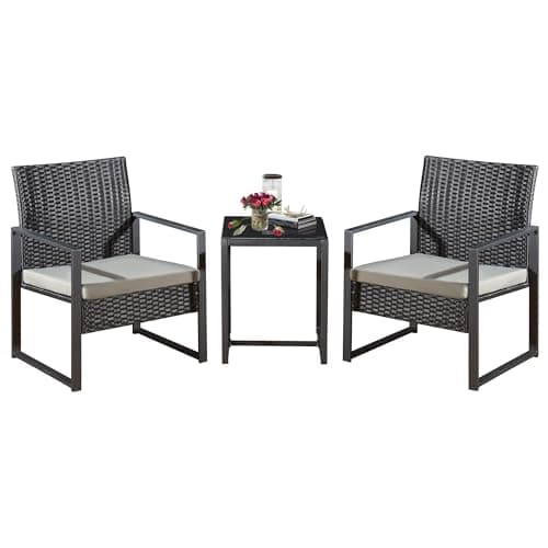 Image of Yaangagpe 3-Piece Rattan Garden Furniture Set, Rattan Bistro Set with 1 Coffee Table & 2 Seater Chairs with Grey Removable Cushions, Outdoor Furniture for Patio, Balcony, Poolside