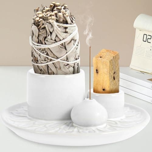 Image of 4 in 1 Incense Holder,Ceramic Palo Santo Sticks Holder,Sage Holder for Burning, Incense Holder for Sticks, Smudge bowl with 13CM Ash Catcher Tray for Meditation Yoga Room (White)