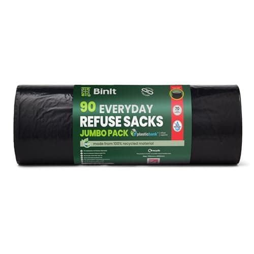 Image of BIN IT 90 Jumbo Pack Everyday 70L Eco-Friendly, Strong & Secure, Refuse Sacks, Bin Bags, Bin Liners, Recycled, Tear Resistant, 30 μm, Perfect for Everyday Household & Commercial Use