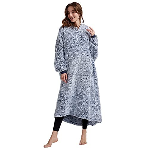 Image of Oversized Teddy Fleece Hoodie Blanket for Women Cuddly Sherpa Wearable Snuggle Blanket Hoody for Adults Kids Men Teenager, Super Warm and Soft,Blue Length