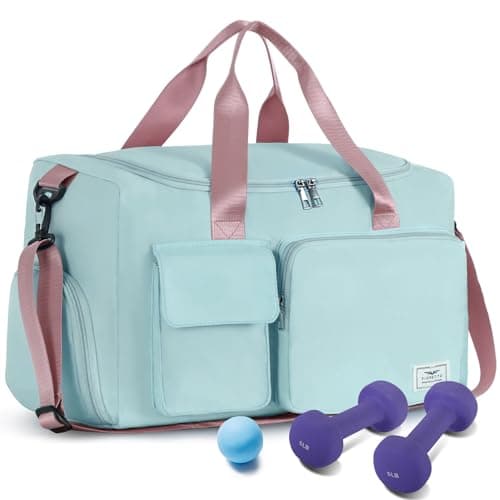 Image of FIORETTO Womens Mens Sports Gym Bag Duffle Bag with Shoes Compartment, Weekend Travel Bag Overnight Bag for Women, Water Resistant Holdall Hospital Bag for Swimming Green