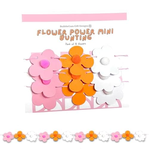 Image of BubbleGum Gift Designs Mini Flower Bunting Groovy Retro Pink and Orange Faux Flowers Garland with Coloured Pom Poms Premium cardstock 3ft long Pre-threaded Ready to Hang