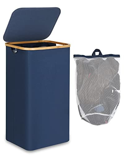 Image of efluky XL 100L Laundry Baskets with Lid, Clothes Basket Laundry Hamper with Bamboo Handles & Inner Bags for Drity Cloth Organizer, Collapsible Laundry Box for Bedrooms (Blue,XL 100L)
