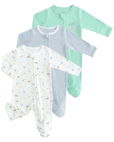 Image of JiAmy Baby Boys Girls Cotton Sleepsuits 3 Pack, Zip-Up Babygrow with Footed and Fold-Over Mittens Green 0-3 Months