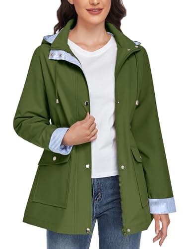 Image of CMTOP Waterproof Jacket for Women Lightweight Hooded Jackets Casual Softshell Jacket with Striped Lining Functional Outdoor Windbreaker Breathable Rain Coat with Pockets(Army Green, L)