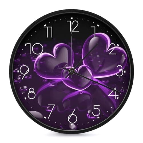 Image of FekiLoot Purple Hearts Wall Clock 10 Inch Silent Non Ticking Battery Operated Round Wall Clock Modern Decorative Clocks for Kitchen Home Office Living Room Bedroom Bathroom White