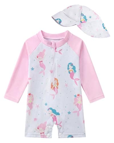 Image of JiAmy Baby Girls Swimming Costume with Sun Hat Long Sleeve Zipper Rash Guard Sun Protection Beach Infant Toddler Baby Swimsuit One Piece Bathing Suits Pink Mermaid 12-18 Months