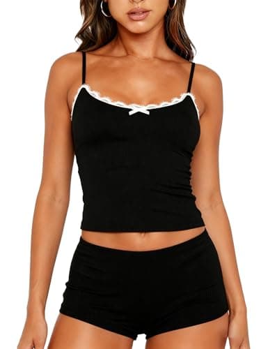 Image of Dressmine Vest Tops Shorts Set Women UK Black Lace y2k Backless Sexy Pajamas Fitted Ribbed Summer Fashion Tank Cami Outfits 18